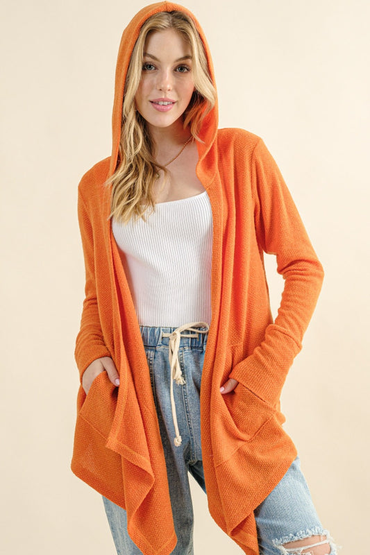 Thermal Hooded Open Front Cardigan with Pockets - Dusty Coral