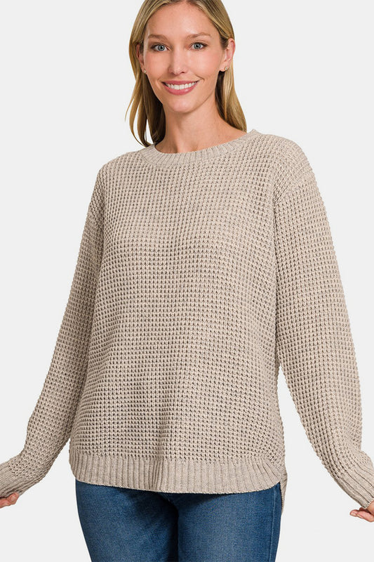 High Low Long Sleeve Waffle Sweater - H. Mocha