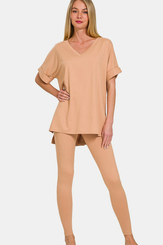 V-Neck Rolled Short Sleeve T-Shirt and Leggings Lounge Set - DK Brush