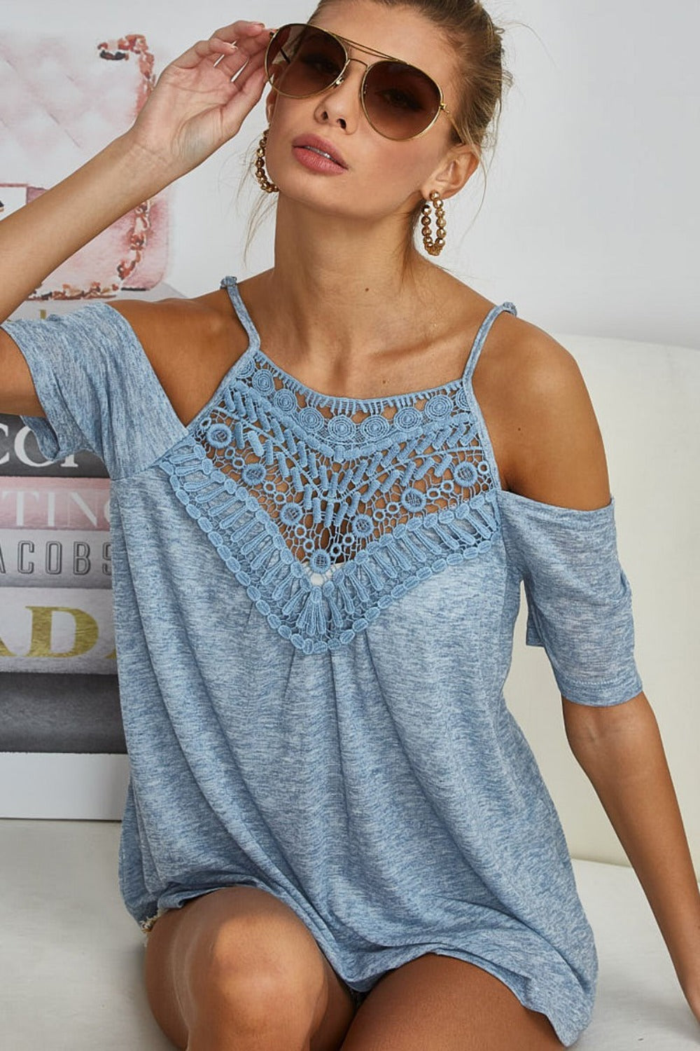 Front Crochet Lace Adjustable Strap Top - Vintage Denim