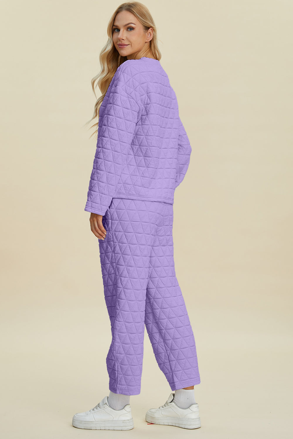 Texture Round Neck Long Sleeve Top and Pants Set - 3 Colors
