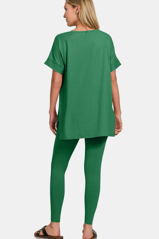 V-Neck Rolled Short Sleeve T-Shirt and Leggings Lounge Set - Forest Green