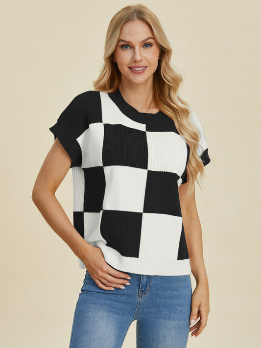 Checkered Round Neck Short Sleeve Sweater - 4 colors