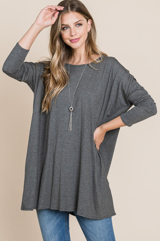 Round Neck Long Sleeve Tunic - Charcoal