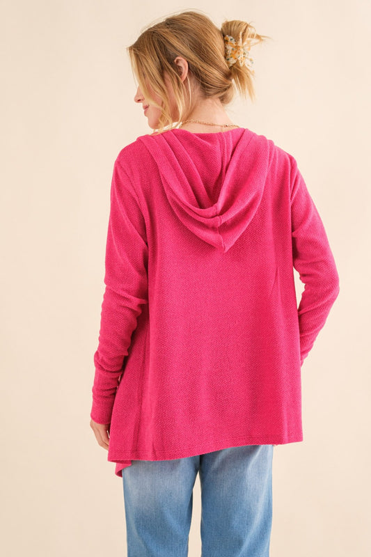 Thermal Hooded Open Front Cardigan with Pockets - Fuchsia