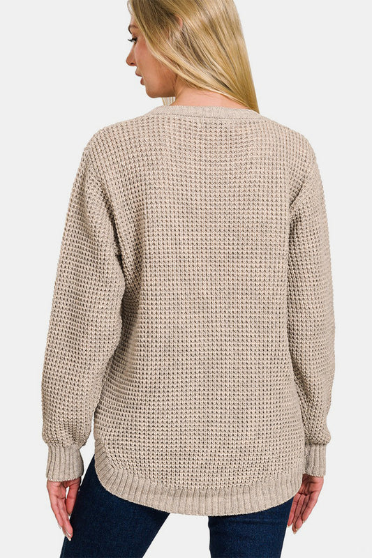 High Low Long Sleeve Waffle Sweater - H. Mocha