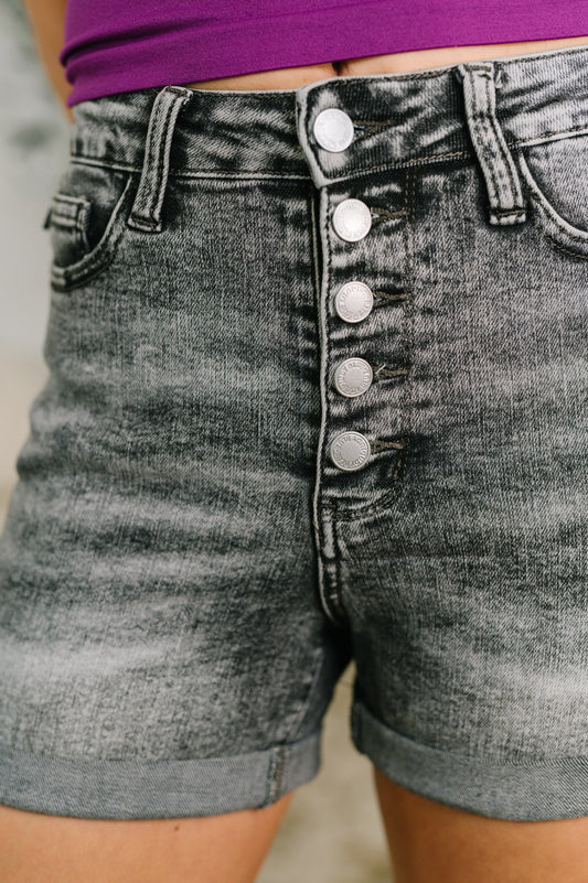 Greyson High Rise Button Fly Cuffed Shorts in Grey