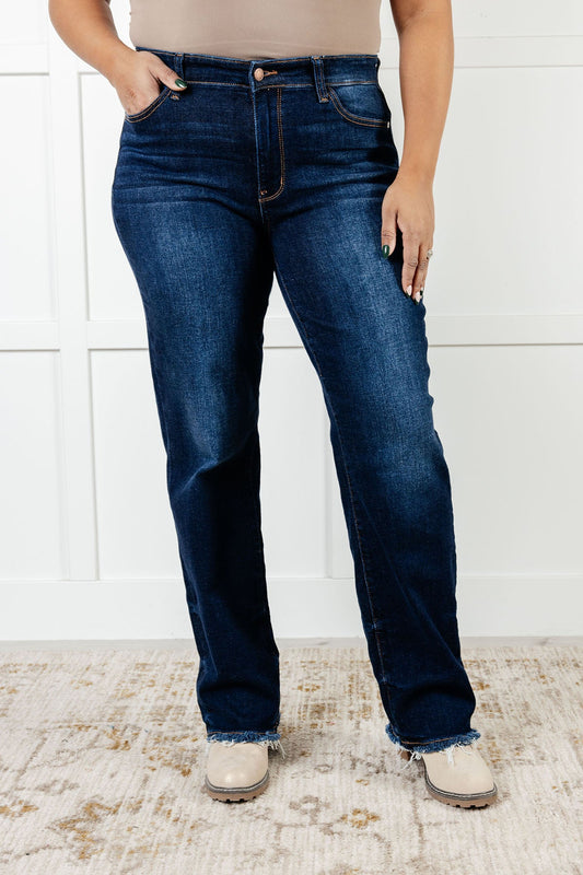 Judy Blue Mid Rise Frayed Hem Straight Leg Jeans