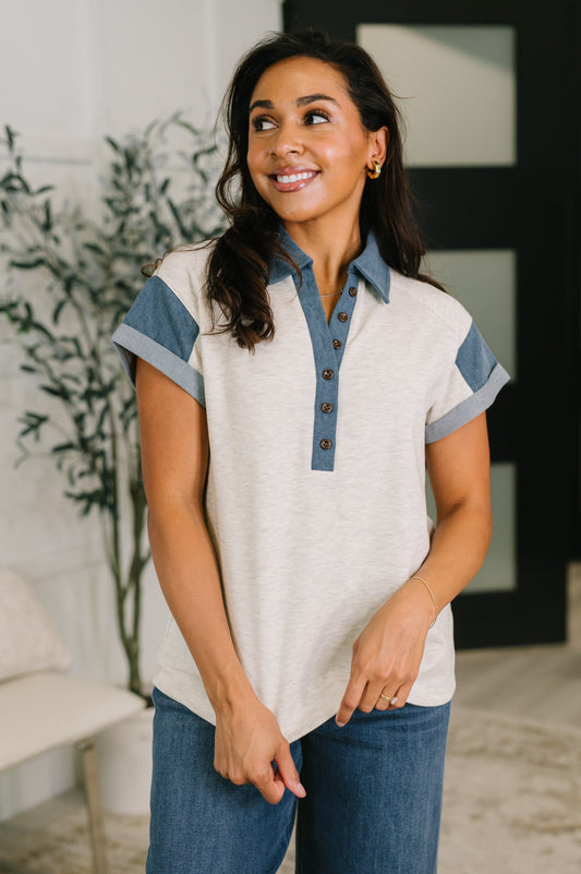 Knowing Me Collared Henley Top