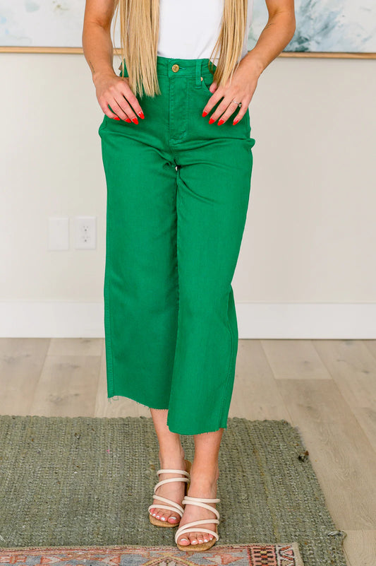 Judy Blue High Rise Control Top Wide Leg Crop Jeans in Kelly Green