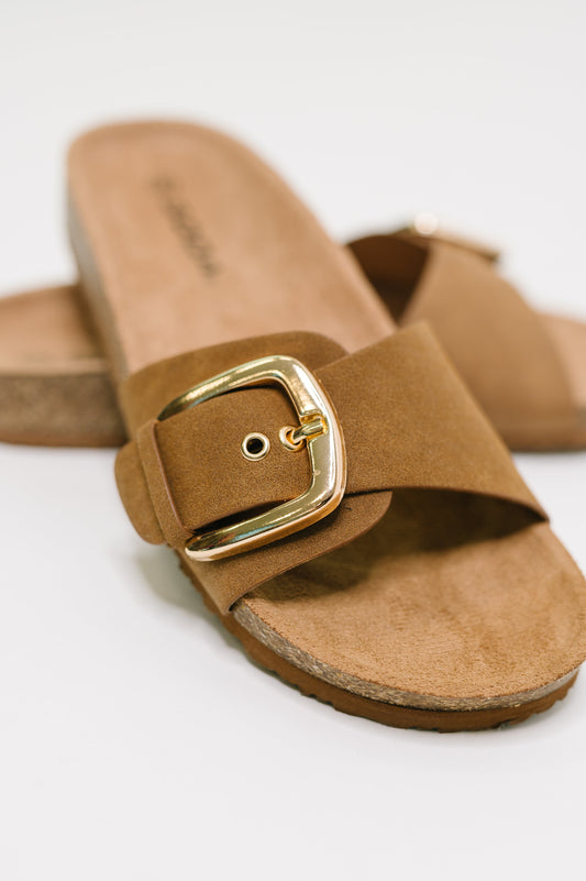 Lizzy Slip On Buckle Strap Sandal in Tan
