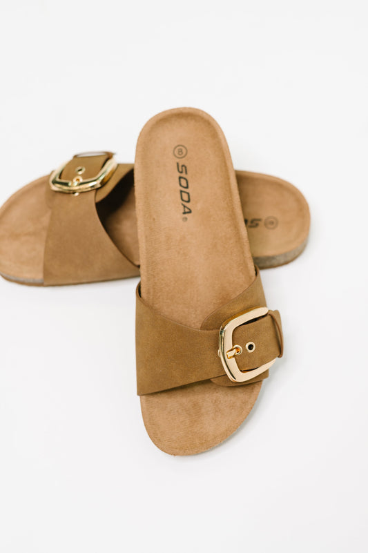 Lizzy Slip On Buckle Strap Sandal in Tan