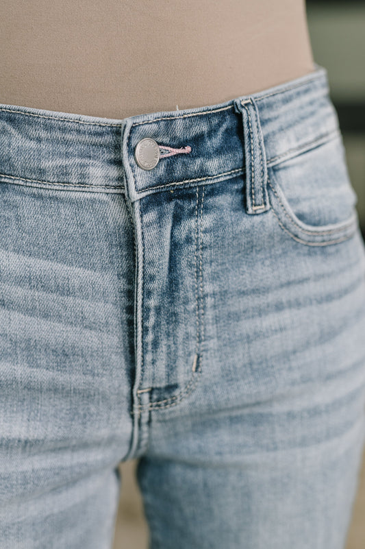 Judy Blue Mid Rise Kick Flare Jeans with Frayed Hem