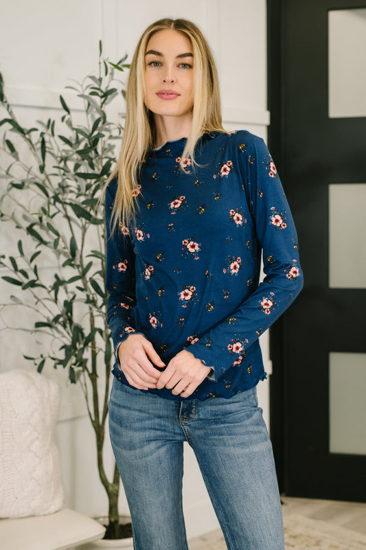 Something in the Air Lettuce Hem Long Sleeve Top in Navy