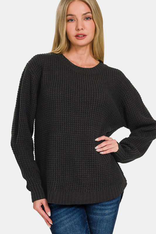 High Low Long Sleeve Waffle Sweater - Black