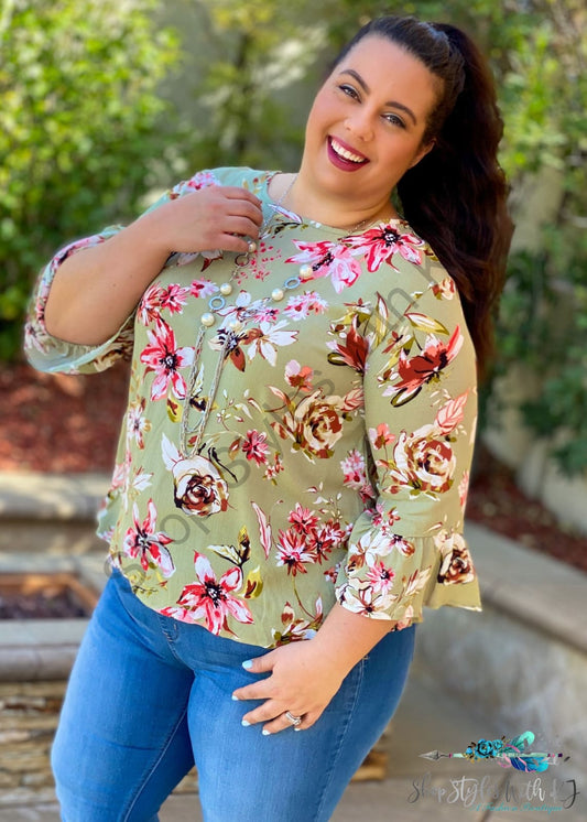 All Around Flowers Ruffled 3/4 Sleeve Top