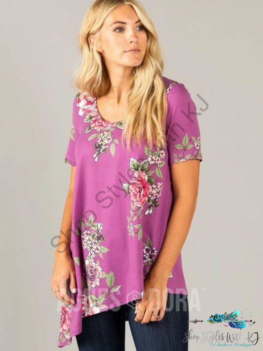 Asymmetrical Top Scoop Neck Lilac Floral Tank