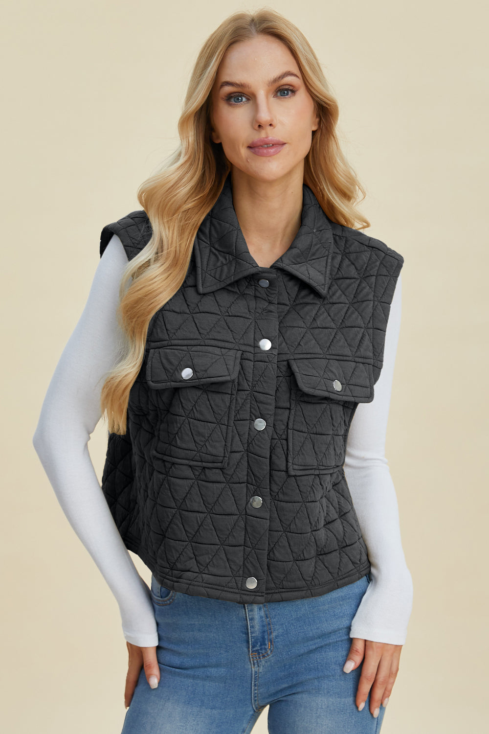 Pocketed Texture Snap Down Vest Coat - 2 Colors