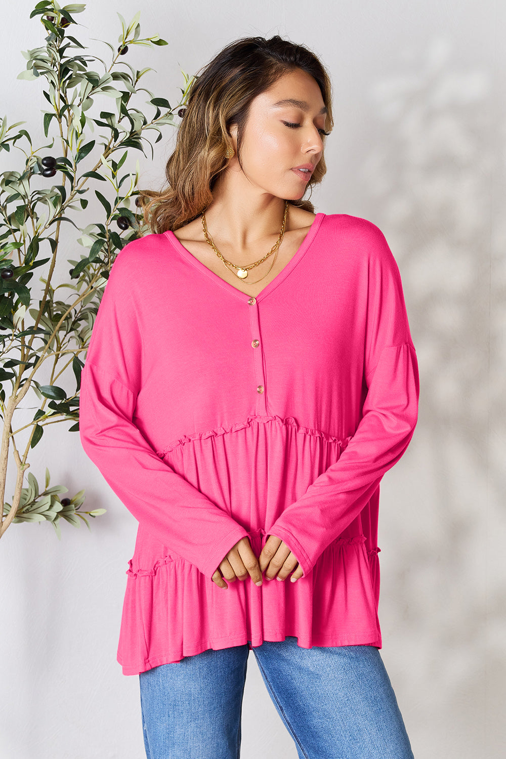 Half Button Long Sleeve Ruffle Hem Blouse - 7 Colors