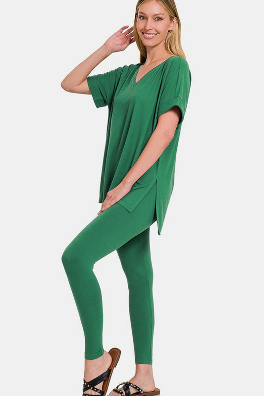V-Neck Rolled Short Sleeve T-Shirt and Leggings Lounge Set - Forest Green