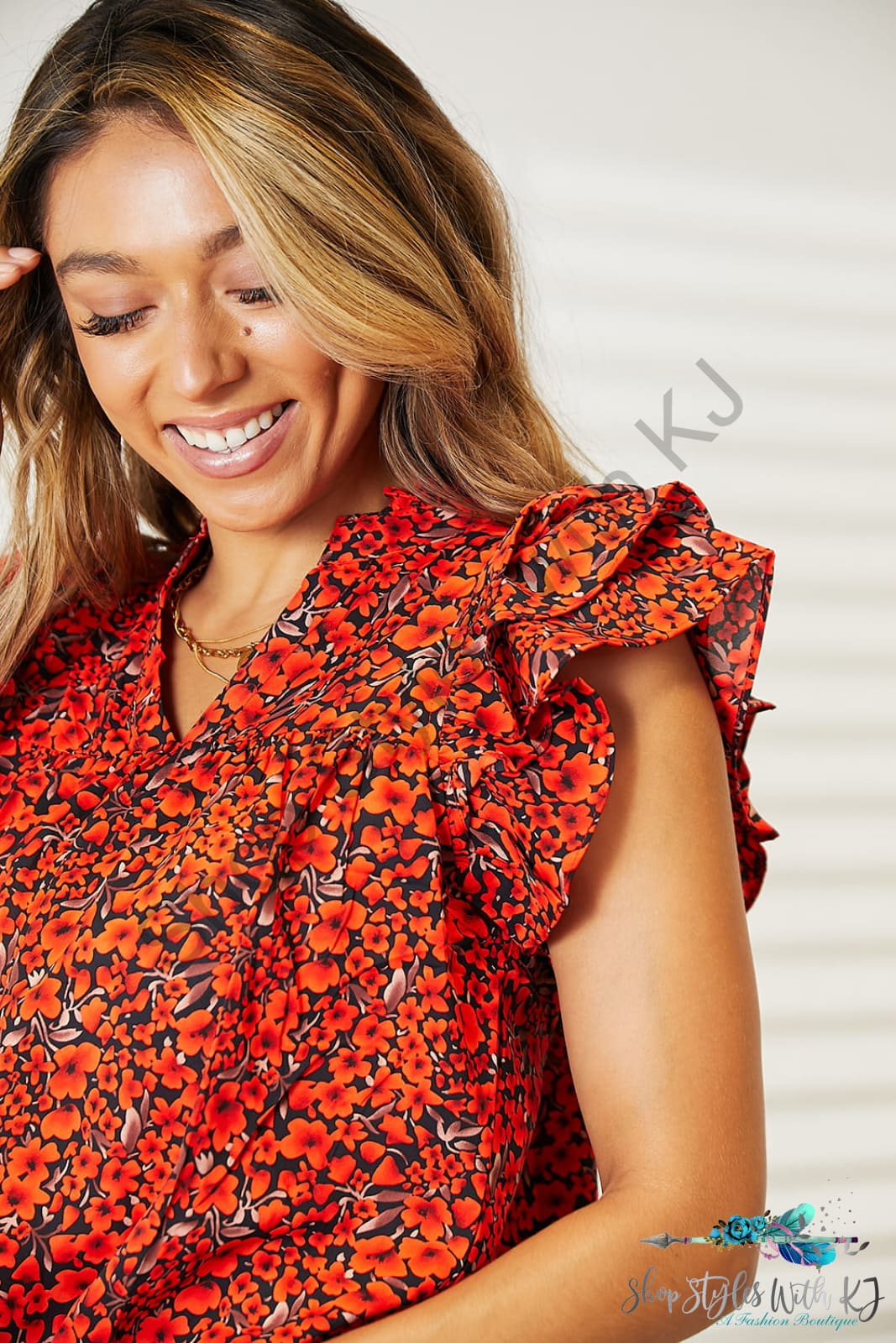 Double Take Floral Flutter Sleeve Notched Neck Blouse Shirts & Tops