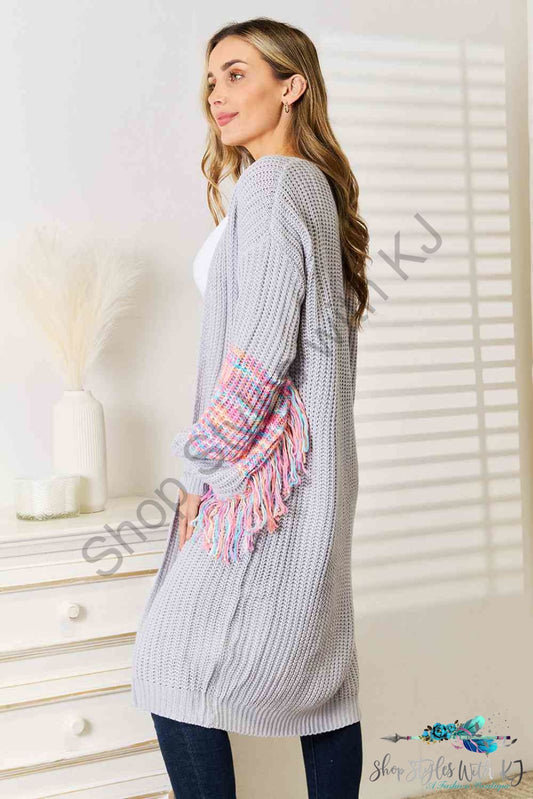 Woven Right Fringe Sleeve Dropped Shoulder Cardigan