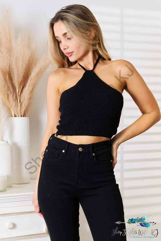 Basic Bae Halter Neck Ribbed Cropped Knit Top Black / S