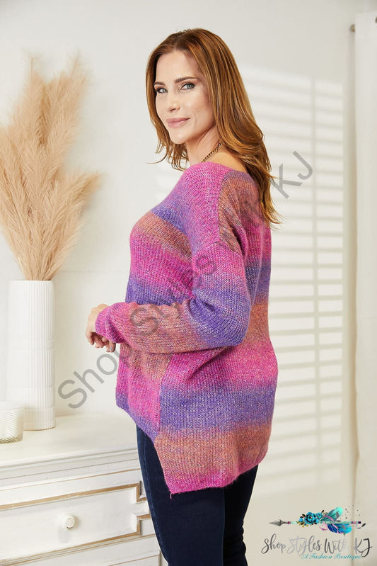 Double Take Multicolored Rib-Knit V-Neck Knit Pullover