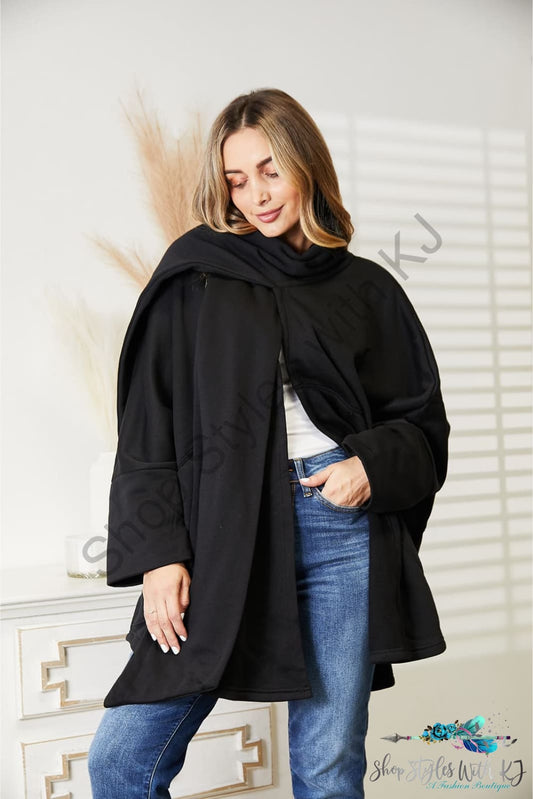 Heyson Full Size Open Front Cardigan With Scarf Design Black / S/M