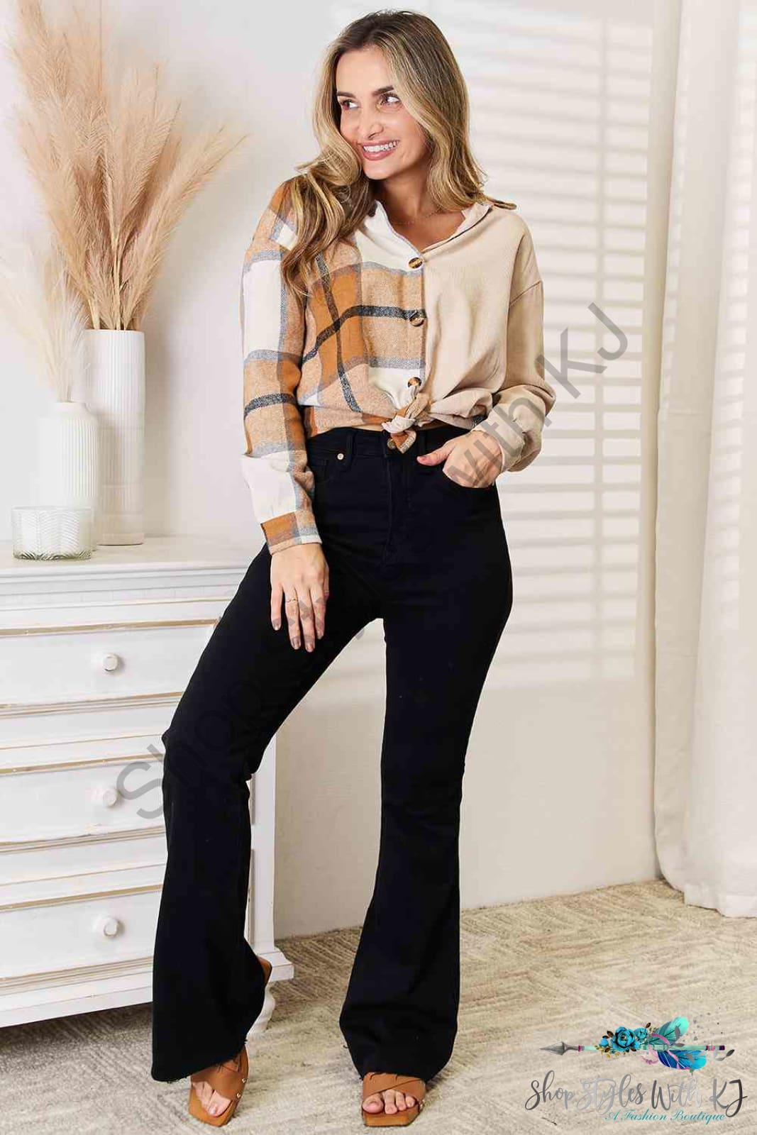 Double Take Plaid Print Dropped Shoulder Shirt