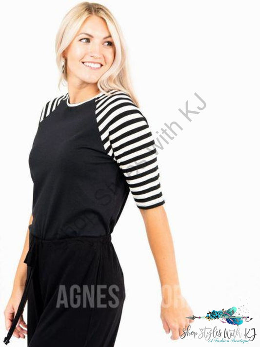 Raglan Top Black With Black/ivory Stripe Raglan Top