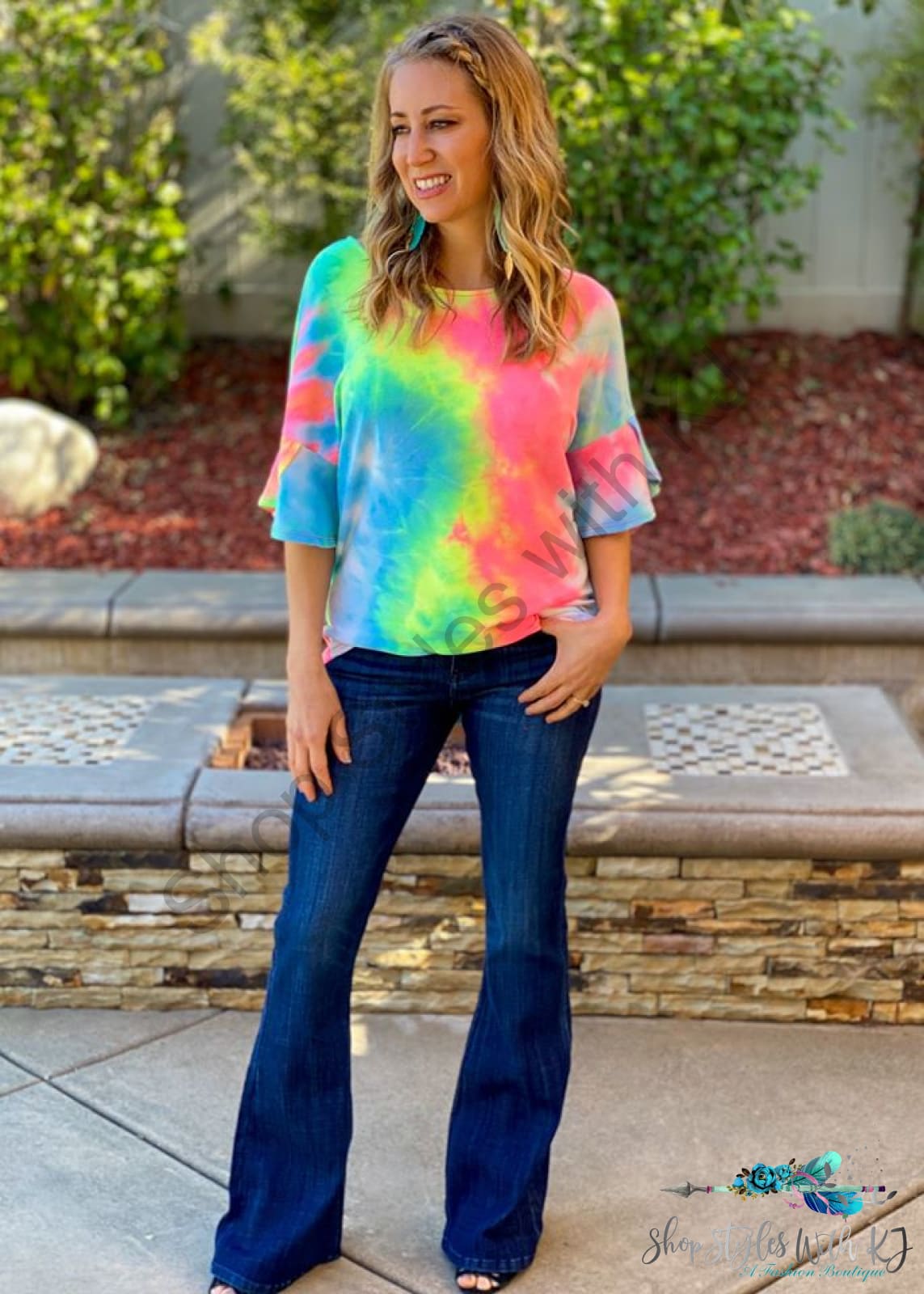 Rainbow Sherbet Tie Dye Bell Sleeve Top - Size Small