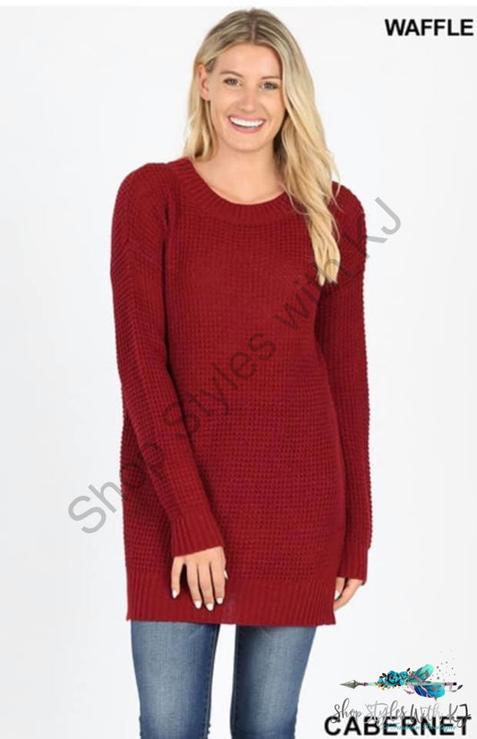 Side Slit Waffle Knit Sweater In Cabernet