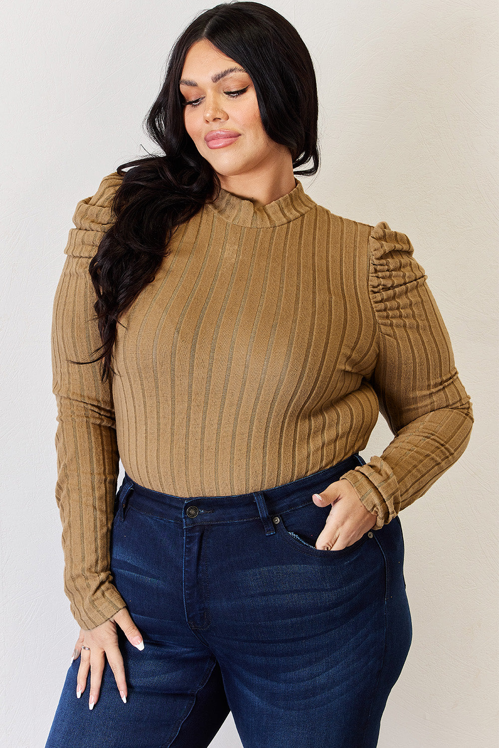 Ribbed Mock Neck Puff Sleeve T-Shirt - 5 Colors