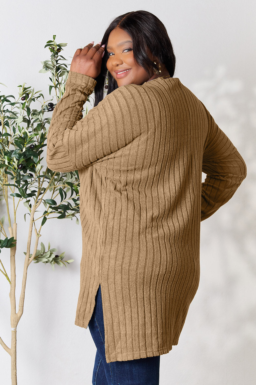 Ribbed Round Neck Long Sleeve Slit Top - 5 Colors