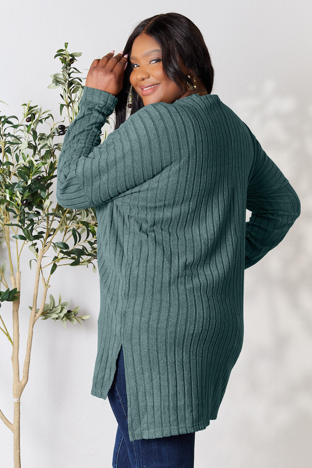 Ribbed Round Neck Long Sleeve Slit Top - 5 Colors