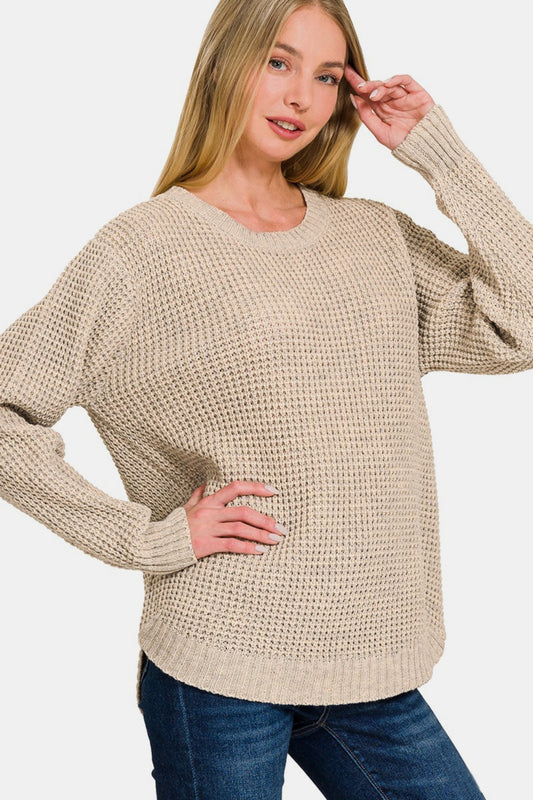 High Low Long Sleeve Waffle Sweater - H. Beige