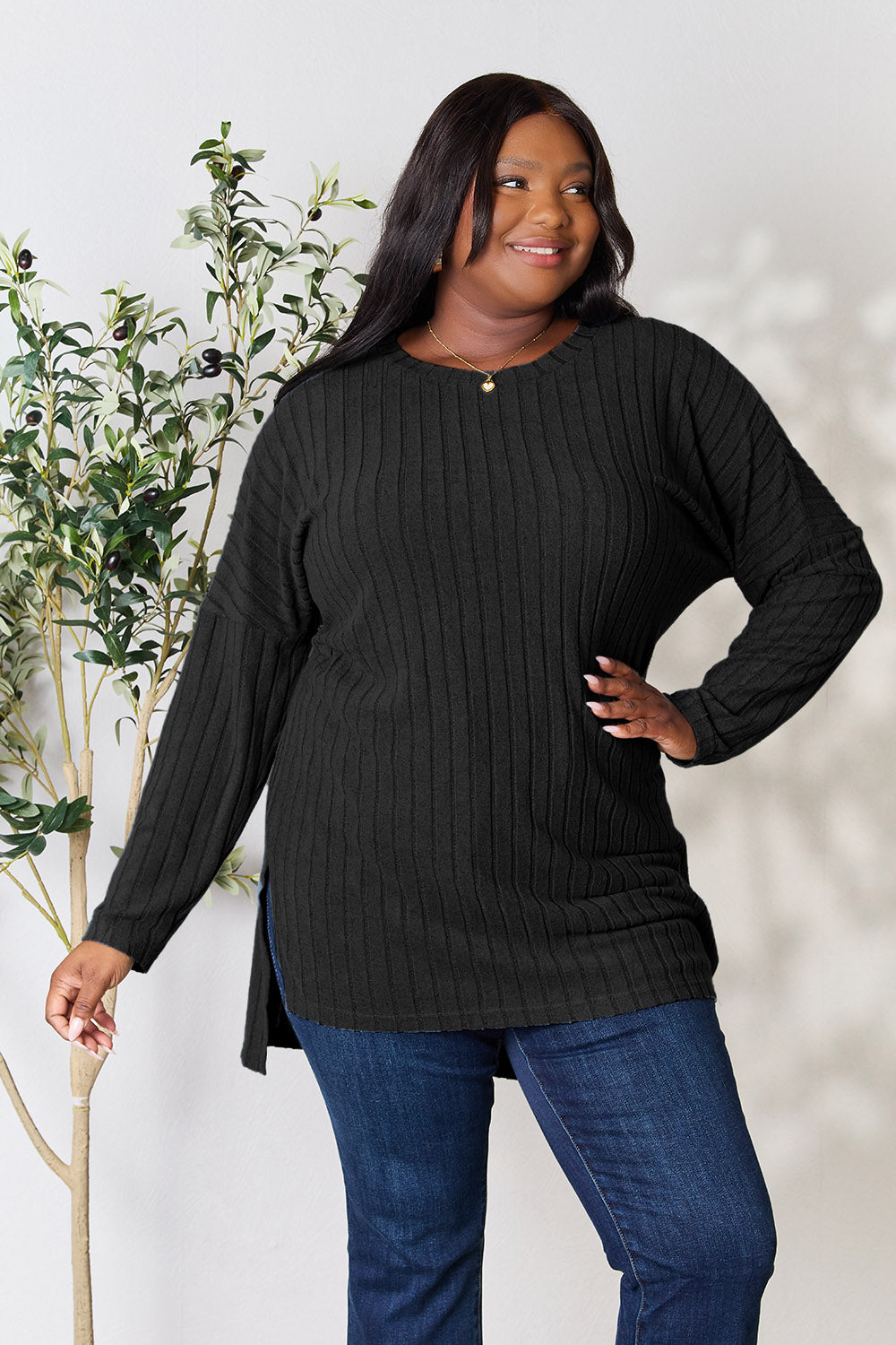 Ribbed Round Neck Long Sleeve Slit Top - 5 Colors