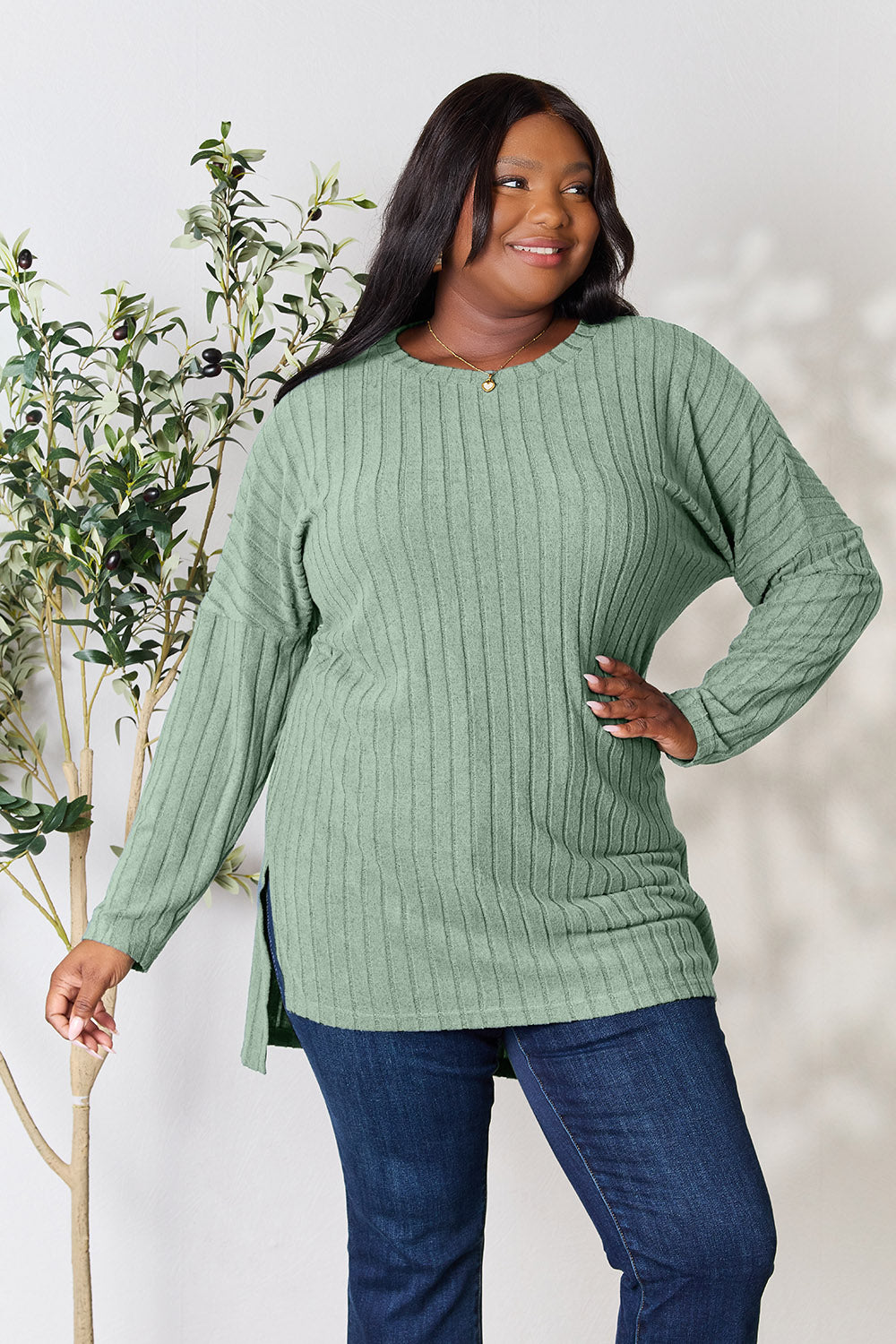 Ribbed Round Neck Long Sleeve Slit Top - 5 Colors