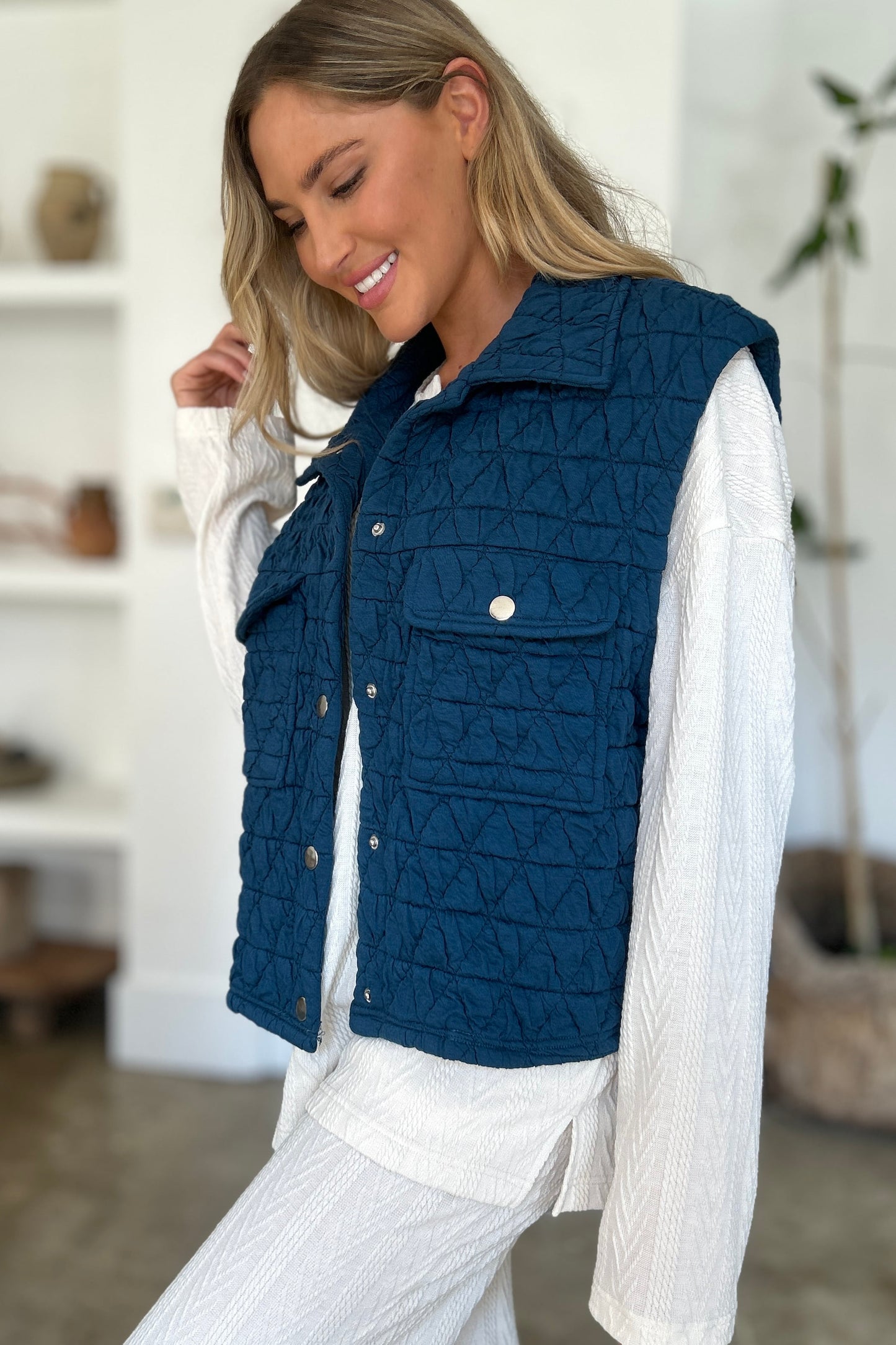 Pocketed Texture Snap Down Vest Coat - 2 Colors