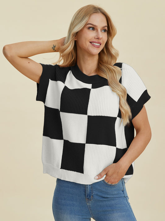 Checkered Round Neck Short Sleeve Sweater - 4 colors