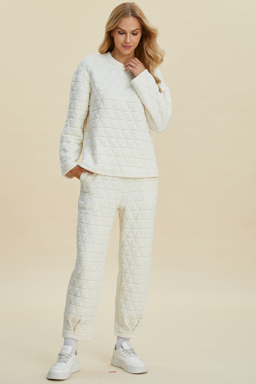 Texture Round Neck Long Sleeve Top and Pants Set - 3 Colors
