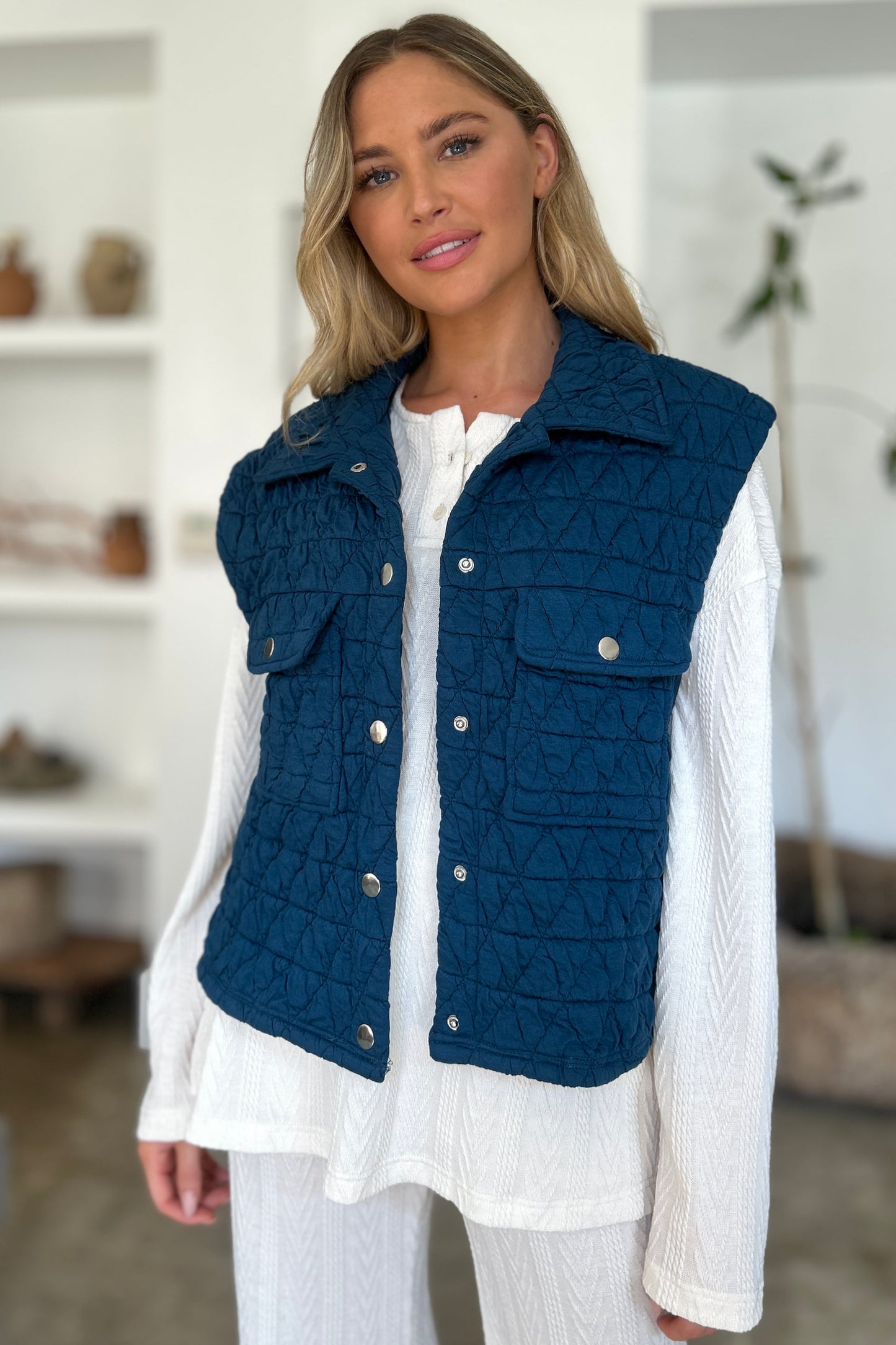 Pocketed Texture Snap Down Vest Coat - 2 Colors