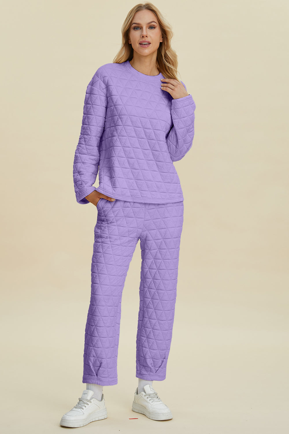 Texture Round Neck Long Sleeve Top and Pants Set - 3 Colors