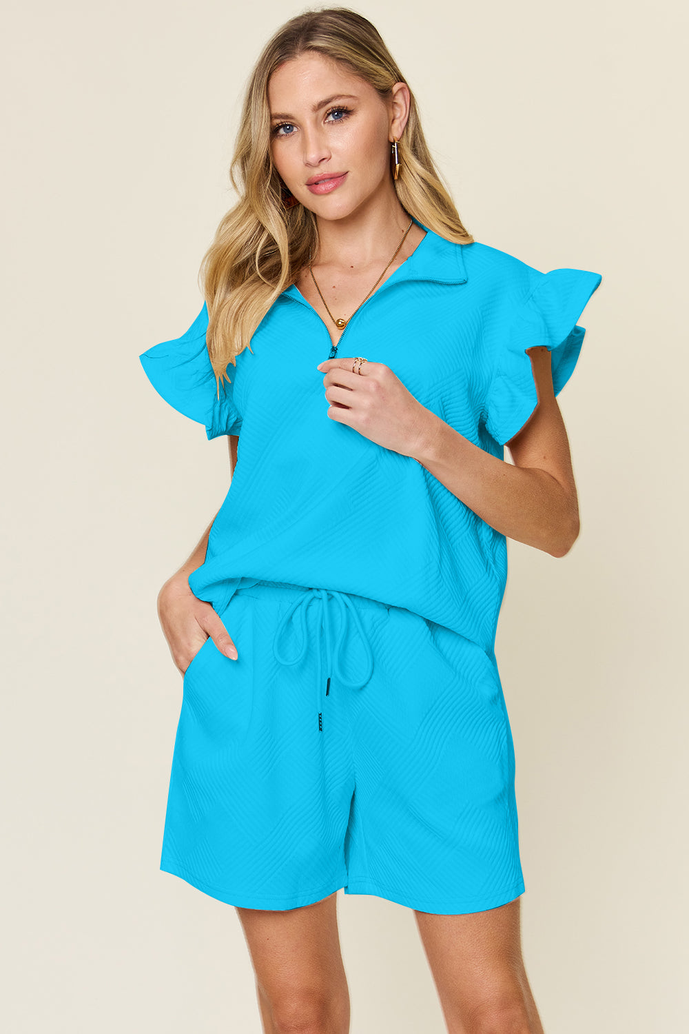 Texture Flounce Sleeve Top and Drawstring Shorts Set - 13 Colors