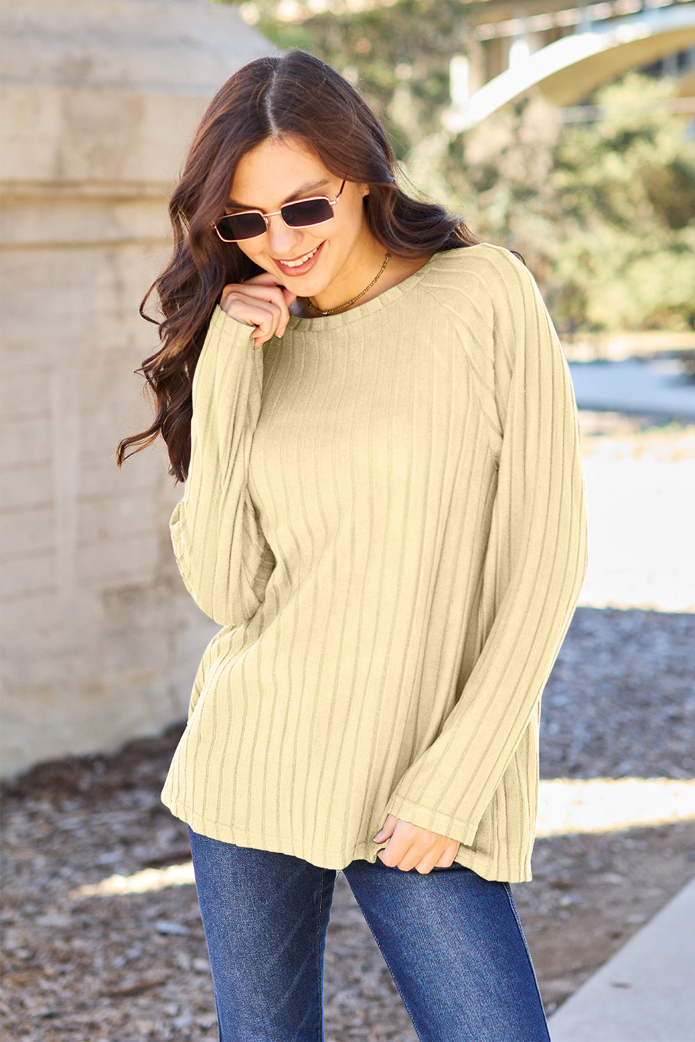 Ribbed Round Neck Long Sleeve Knit Top - 5 Colors