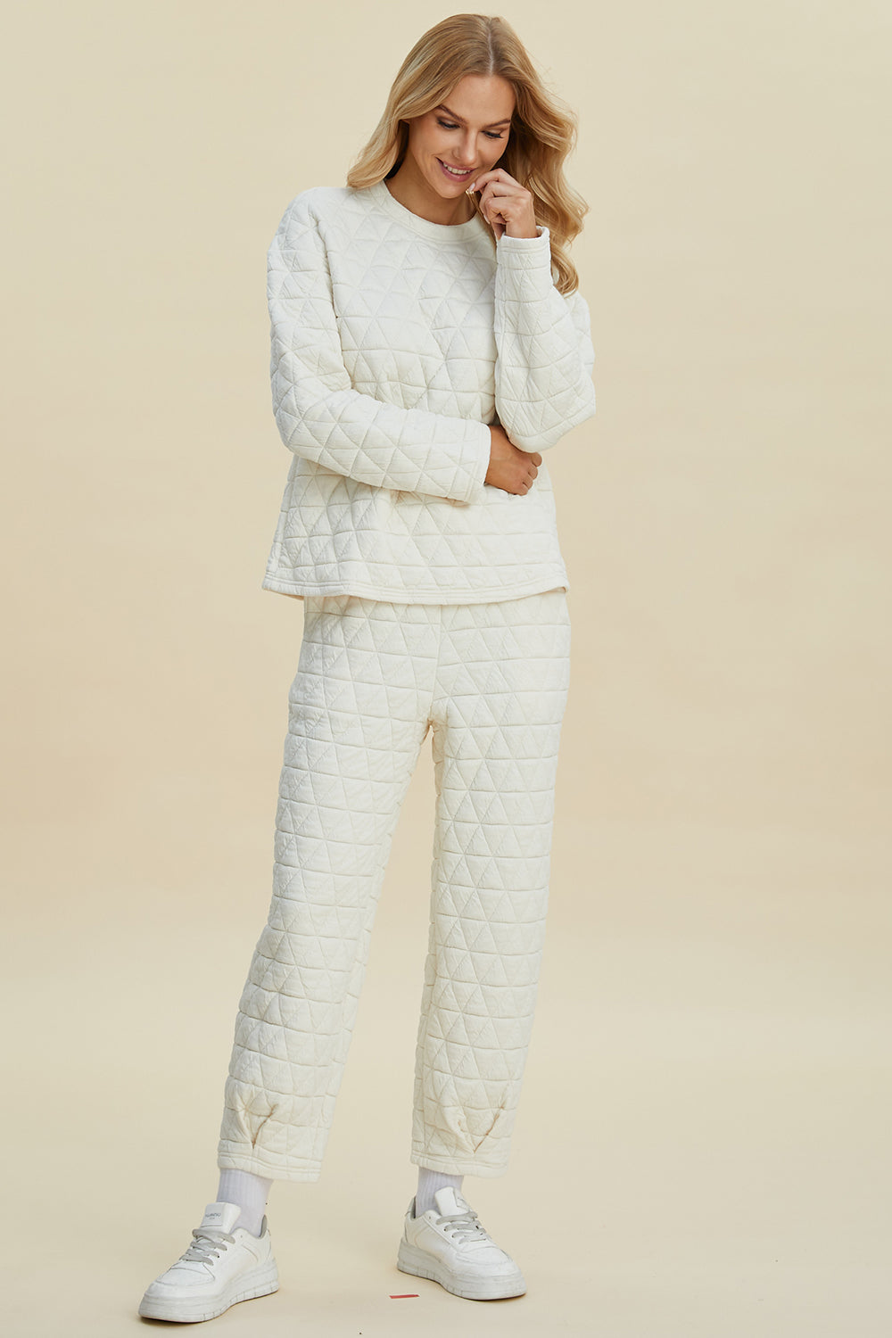 Texture Round Neck Long Sleeve Top and Pants Set - 3 Colors