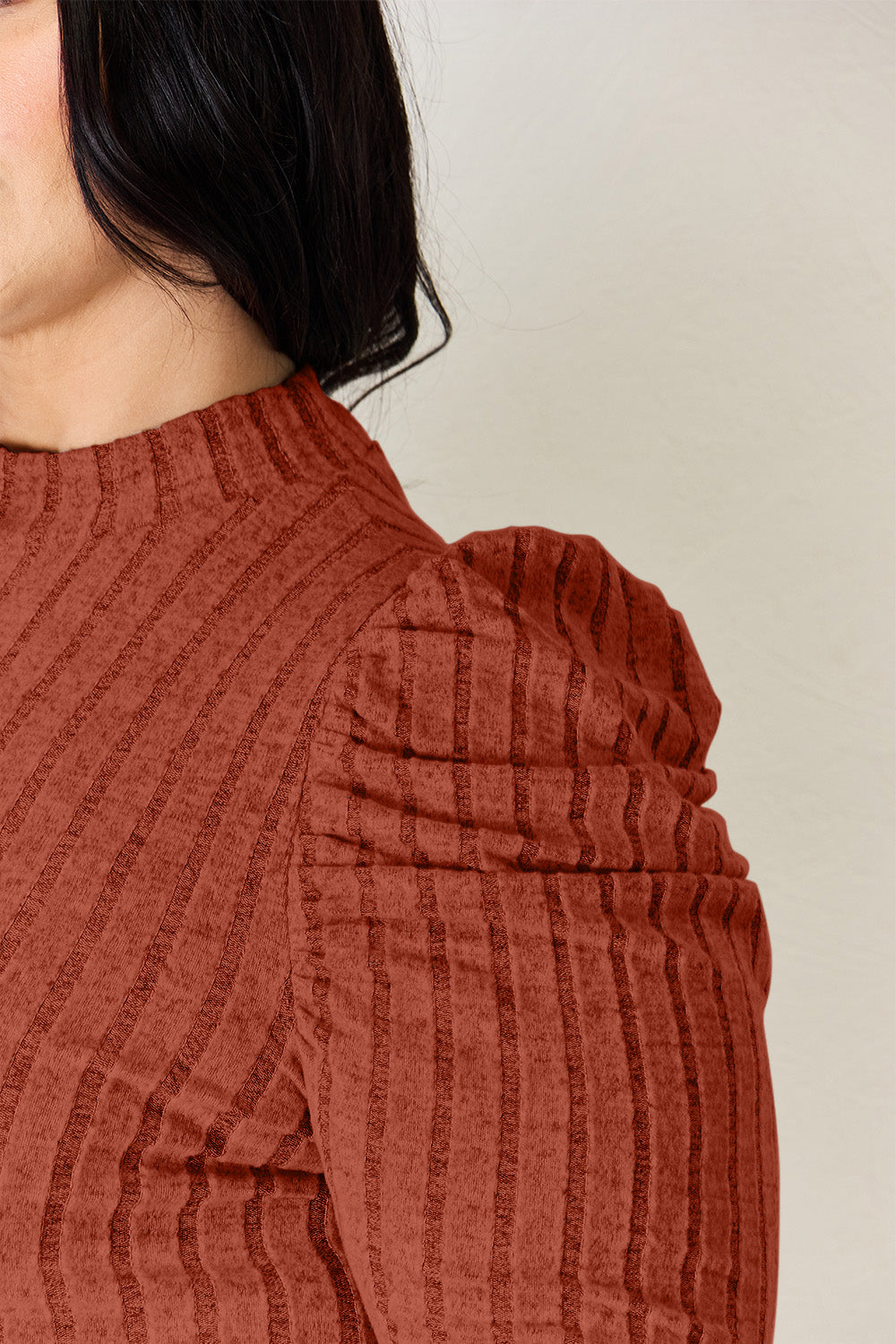 Ribbed Mock Neck Puff Sleeve T-Shirt - 5 Colors