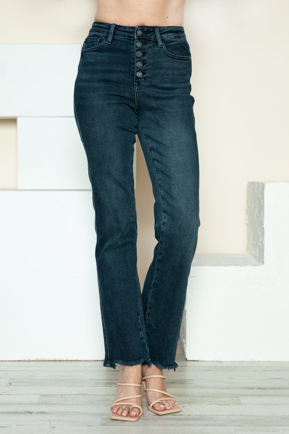 Judy Blue Button Fly Hem Destroy High Rise Straight Jeans