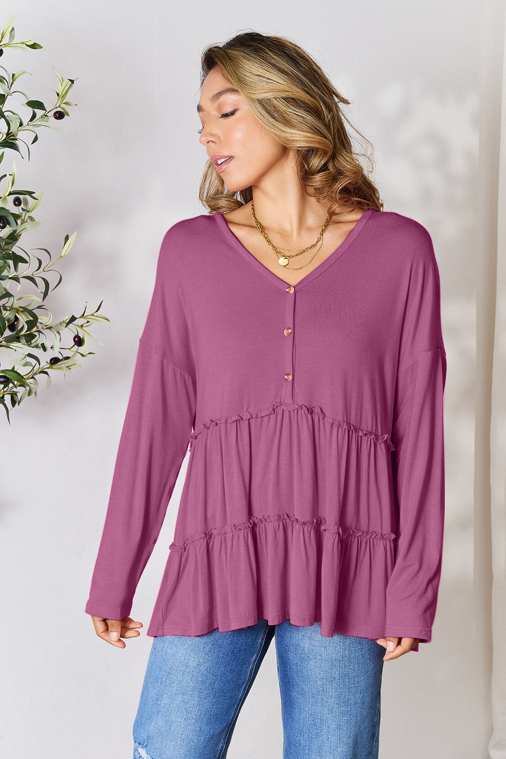 Half Button Long Sleeve Ruffle Hem Blouse - 7 Colors